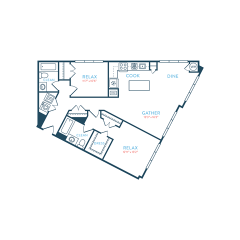 Floor plan for 2 beds, 2 baths, 1268 sqft